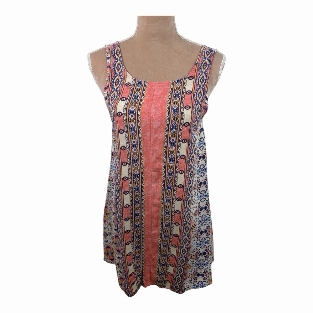 Lulus XS Boho Tank Dress Pink Blue Border Print Sleeveless Shift Mini
